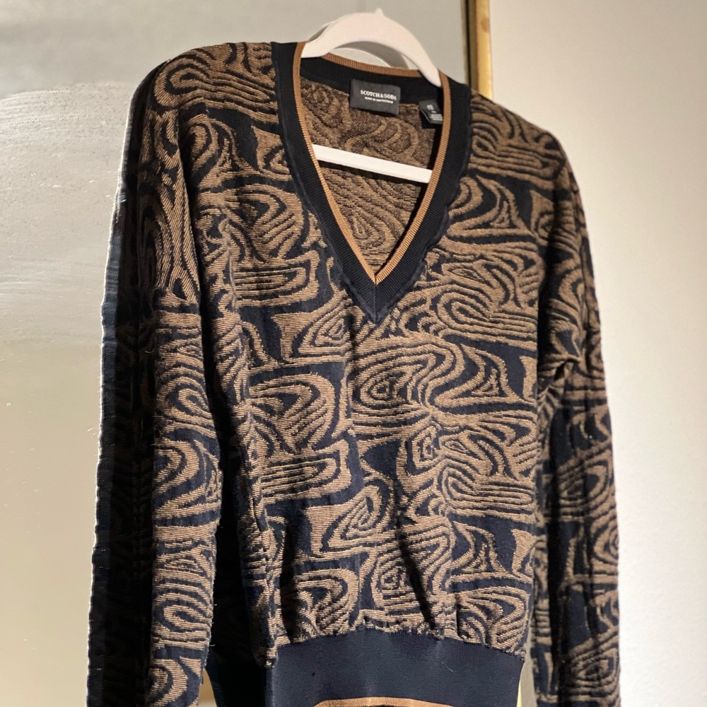 SCOTCH & SODA Leopard Animal intarsia Wool V-neck  Sweater Size XL